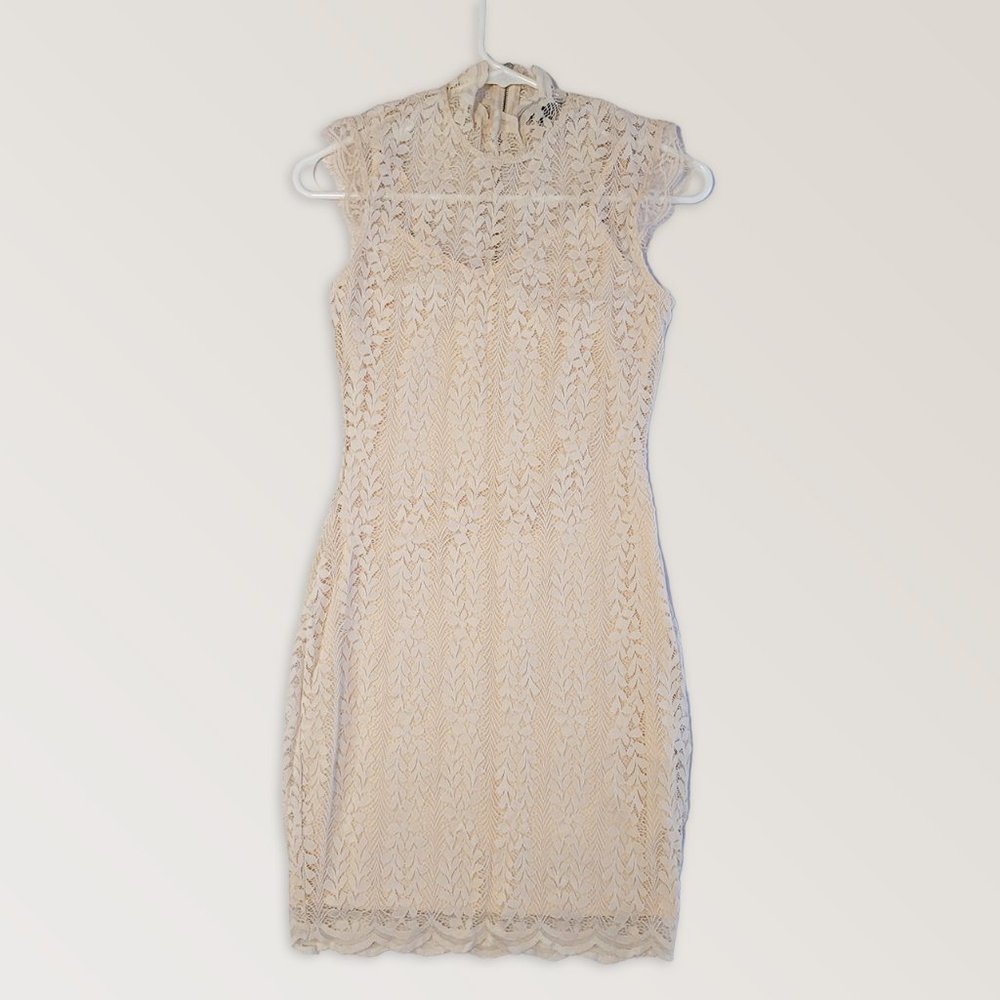 Sexy Lace Bodycon Mini Dress, Cream Delicate Feminine Prom Dress, Size XS